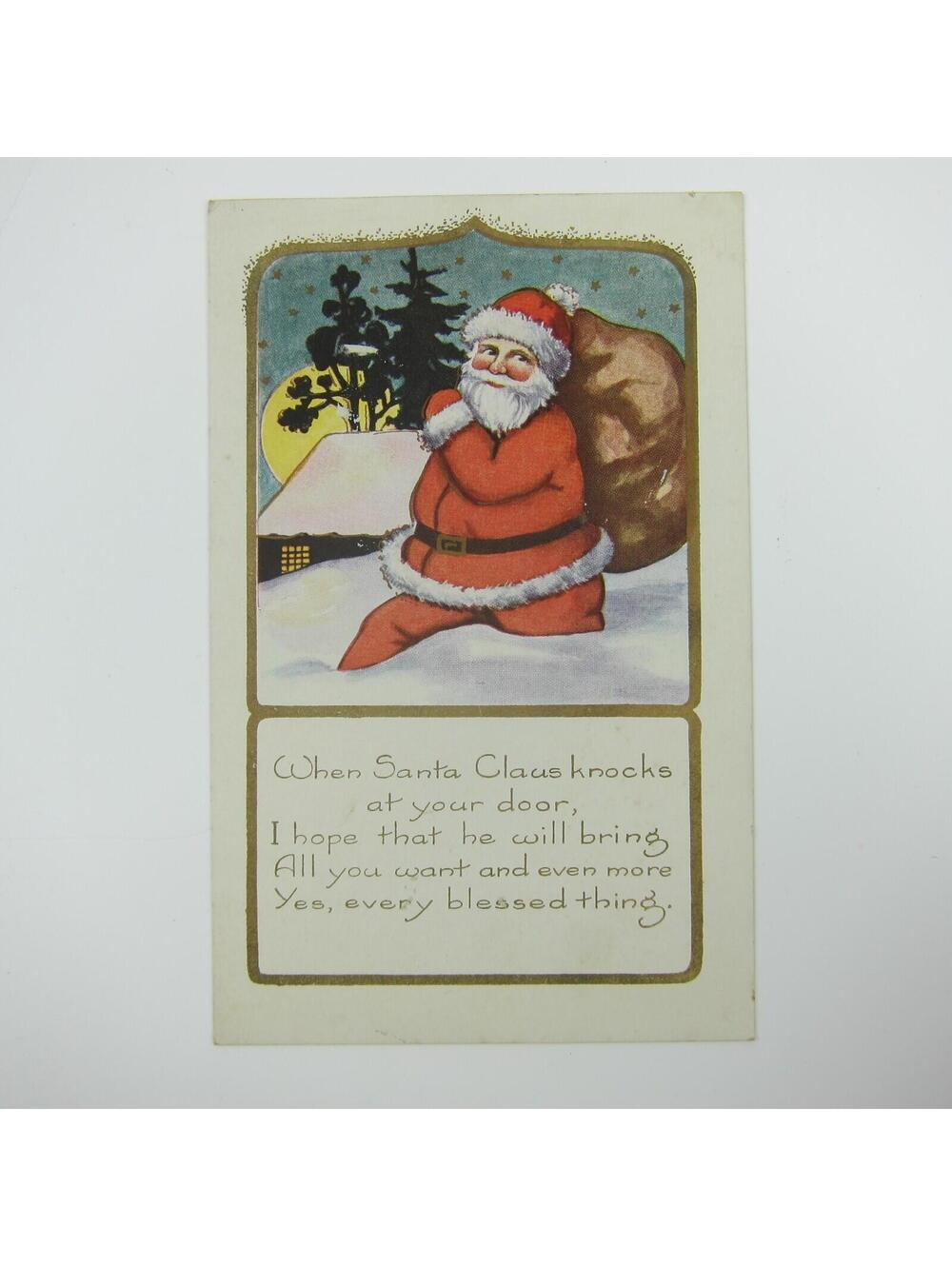 Christmas Postcard Santa Hikes in Snow Toy Bag Cabin Moon Night Whitney Antique - Picture 1 of 12